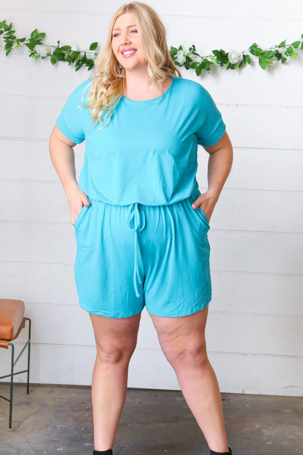 Ice Blue Brushed Knit Elastic Waist Pocketed Romper | Daverri Fashions