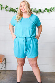 Ice Blue Brushed Knit Elastic Waist Pocketed Romper | Daverri Fashions