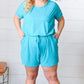 Ice Blue Brushed Knit Elastic Waist Pocketed Romper - DAVERRI FASHIONS