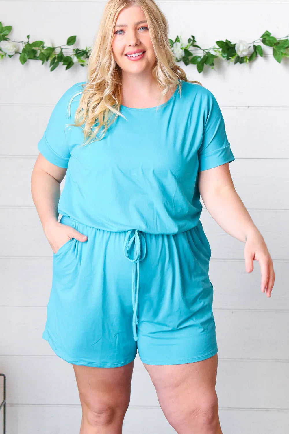 Ice Blue Brushed Knit Elastic Waist Pocketed Romper | Daverri Fashions