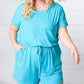 Ice Blue Brushed Knit Elastic Waist Pocketed Romper - DAVERRI FASHIONS