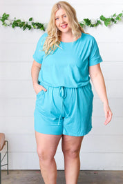 Ice Blue Brushed Knit Elastic Waist Pocketed Romper | Daverri Fashions