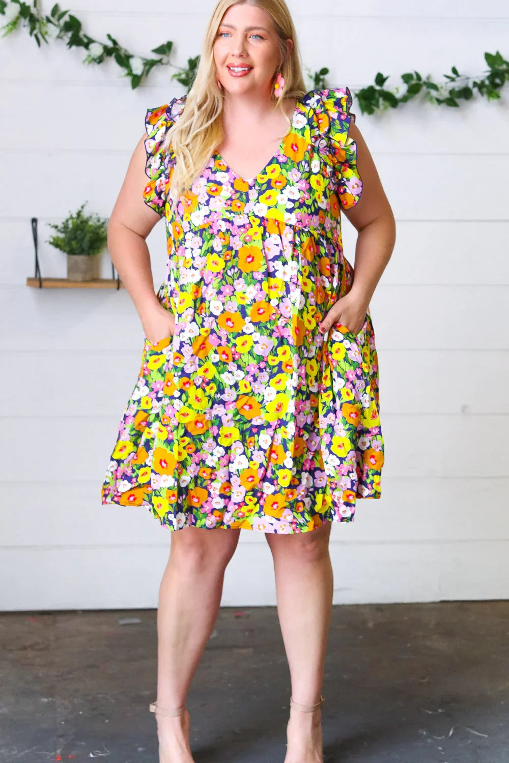 Indigo & Lemon Floral Babydoll Ruffle Dress | Daverri Fashions