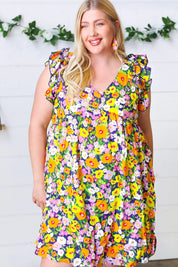 Indigo & Lemon Floral Babydoll Ruffle Dress | Daverri Fashions
