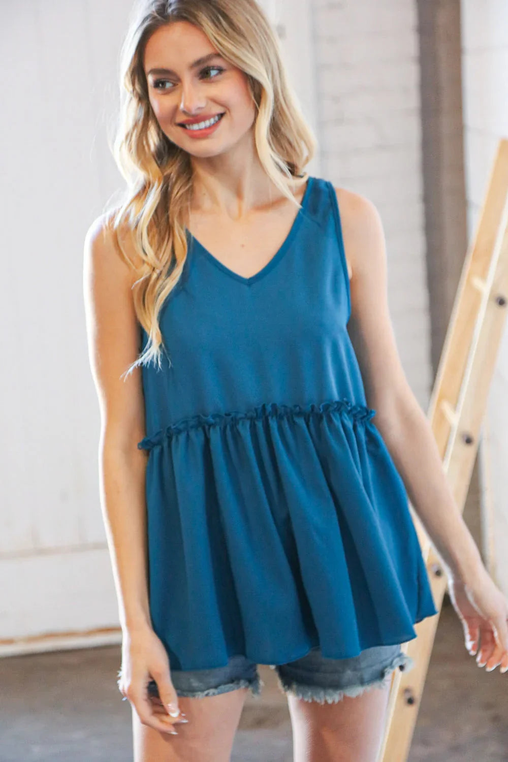 Azure Blue V Neck Sleeveless Ruffle Frill Tunic | Daverri Fashions