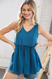 Azure Blue V Neck Sleeveless Ruffle Frill Tunic | Daverri Fashions