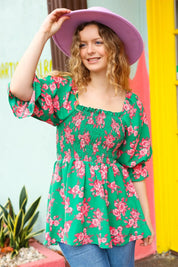 Sumptuous In Smocked Green & Coral Flower Print Babydoll Top | Daverri Fashions