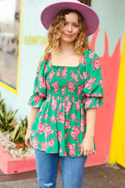 Sumptuous In Smocked Green & Coral Flower Print Babydoll Top | Daverri Fashions
