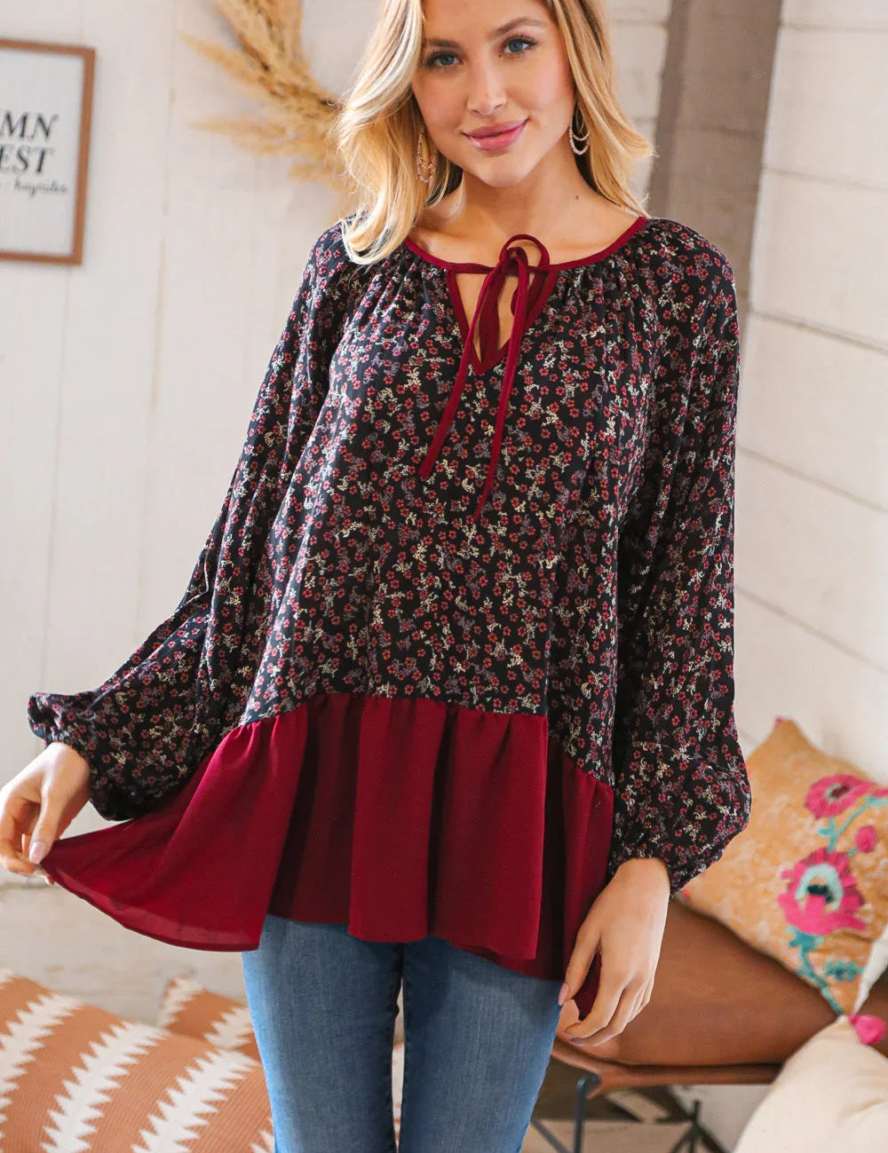 Wine Ditzy Floral Front Tie Ruffle Hem Top | Daverri Fashions