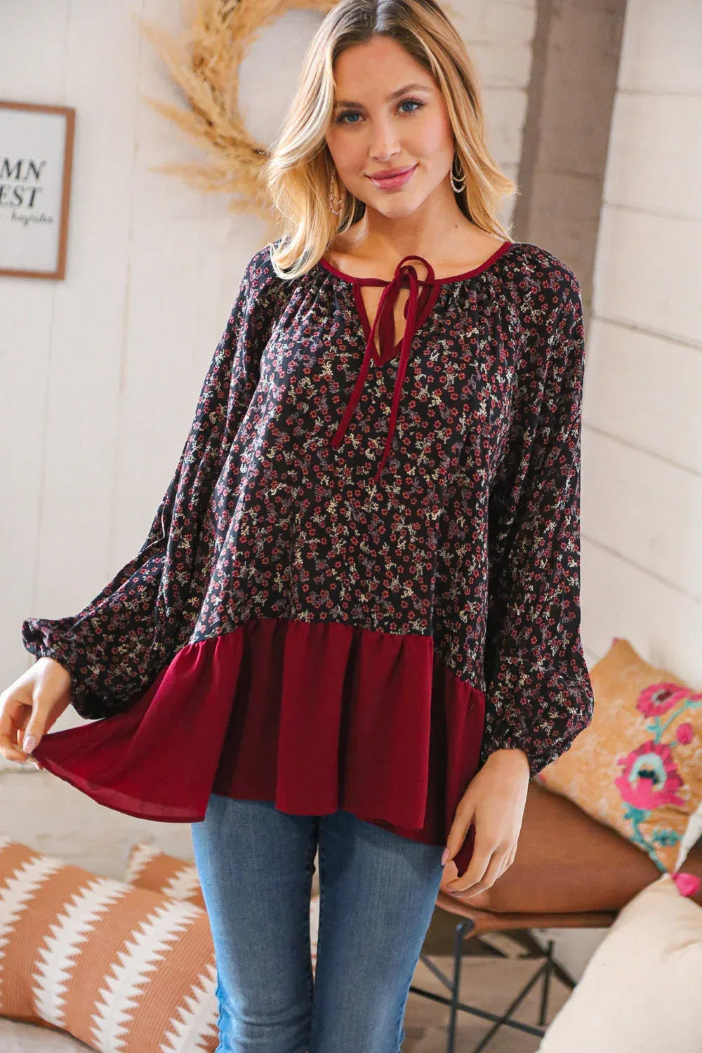 Wine Ditzy Floral Front Tie Ruffle Hem Top - DAVERRI FASHIONS