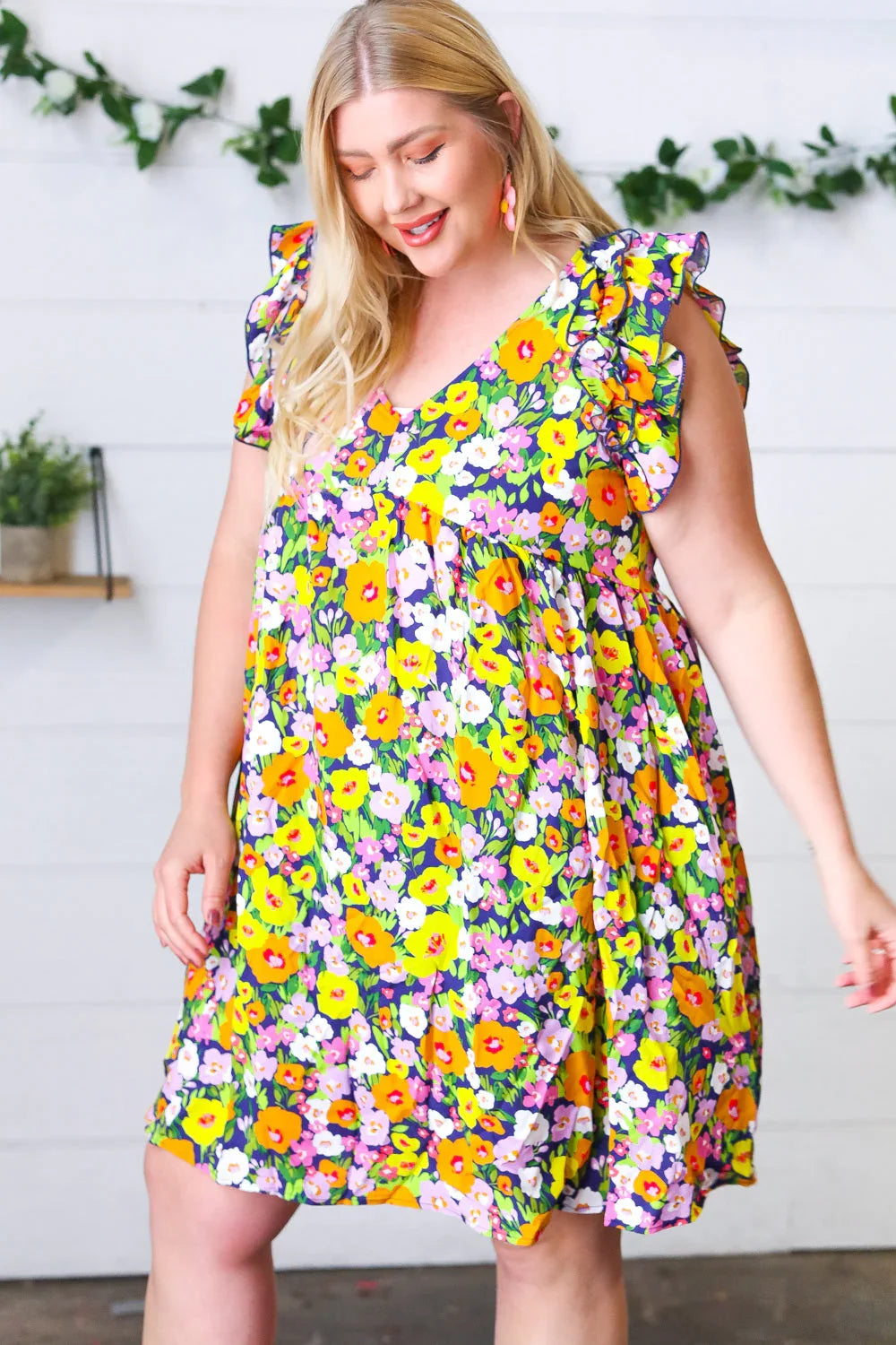 Indigo & Lemon Floral Babydoll Ruffle Dress | Daverri Fashions
