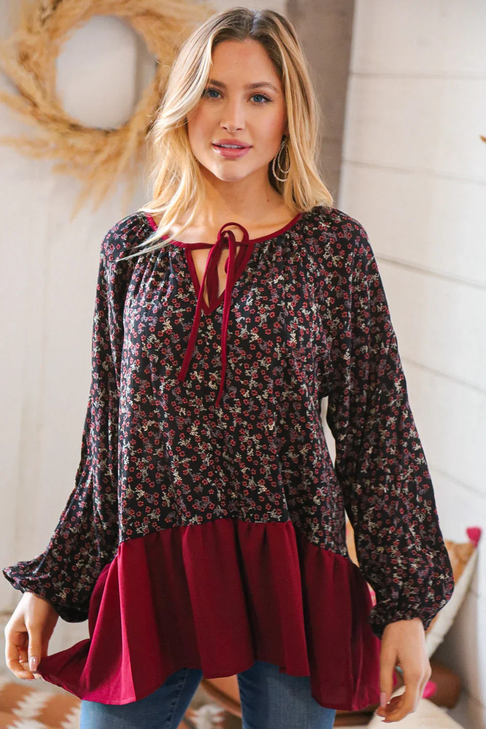 Wine Ditzy Floral Front Tie Ruffle Hem Top | Daverri Fashions