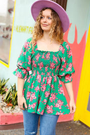 Sumptuous In Smocked Green & Coral Flower Print Babydoll Top | Daverri Fashions