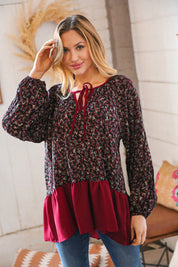 Wine Ditzy Floral Front Tie Ruffle Hem Top | Daverri Fashions