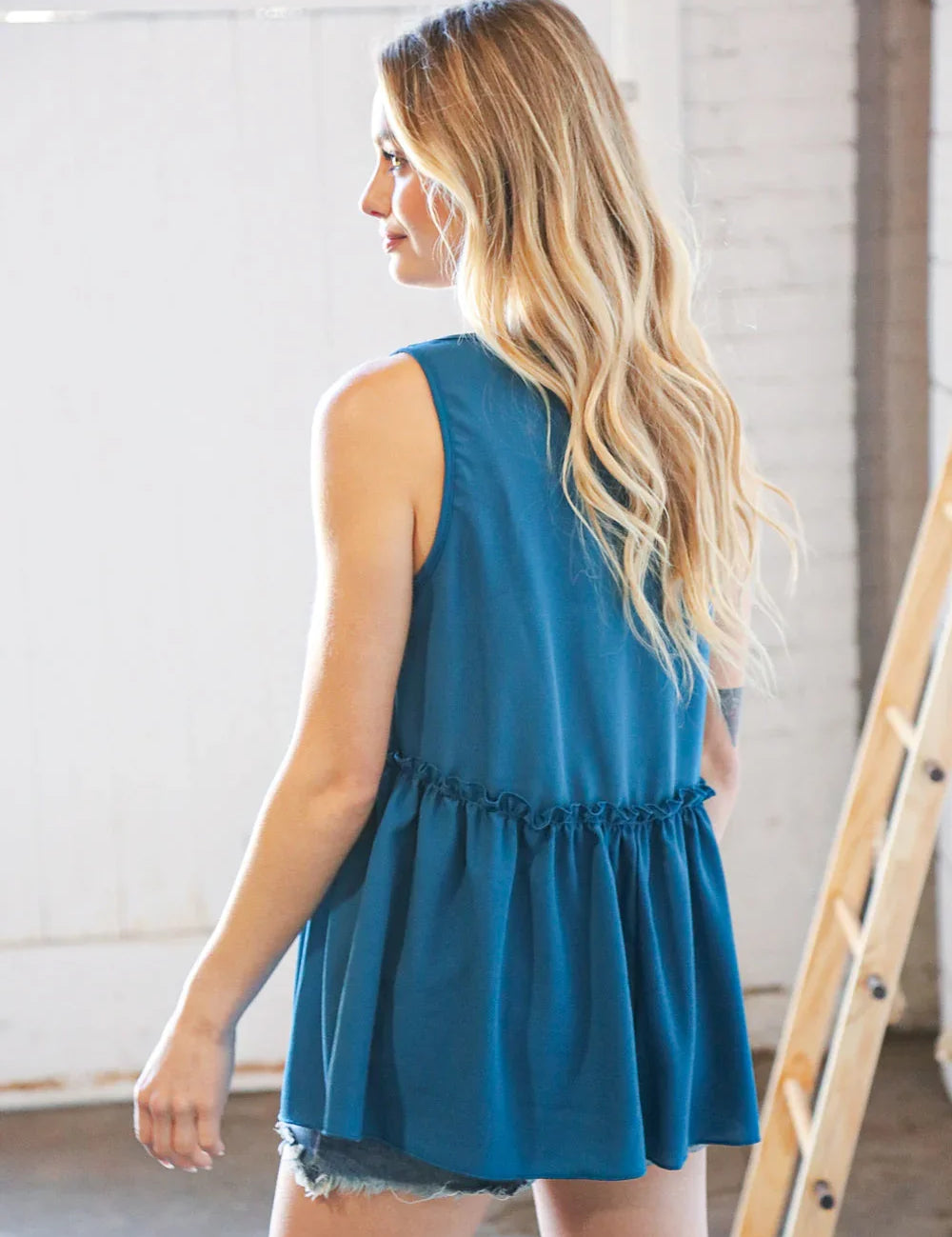 Azure Blue V Neck Sleeveless Ruffle Frill Tunic | Daverri Fashions