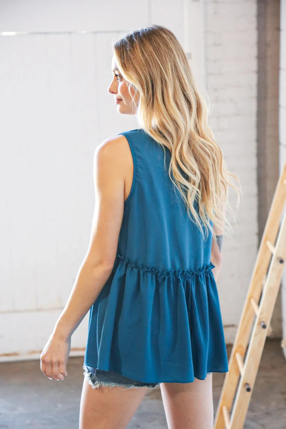 Azure Blue V Neck Sleeveless Ruffle Frill Tunic | Daverri Fashions