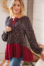 Wine Ditzy Floral Front Tie Ruffle Hem Top | Daverri Fashions