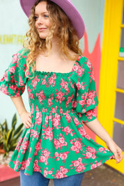 Sumptuous In Smocked Green & Coral Flower Print Babydoll Top | Daverri Fashions