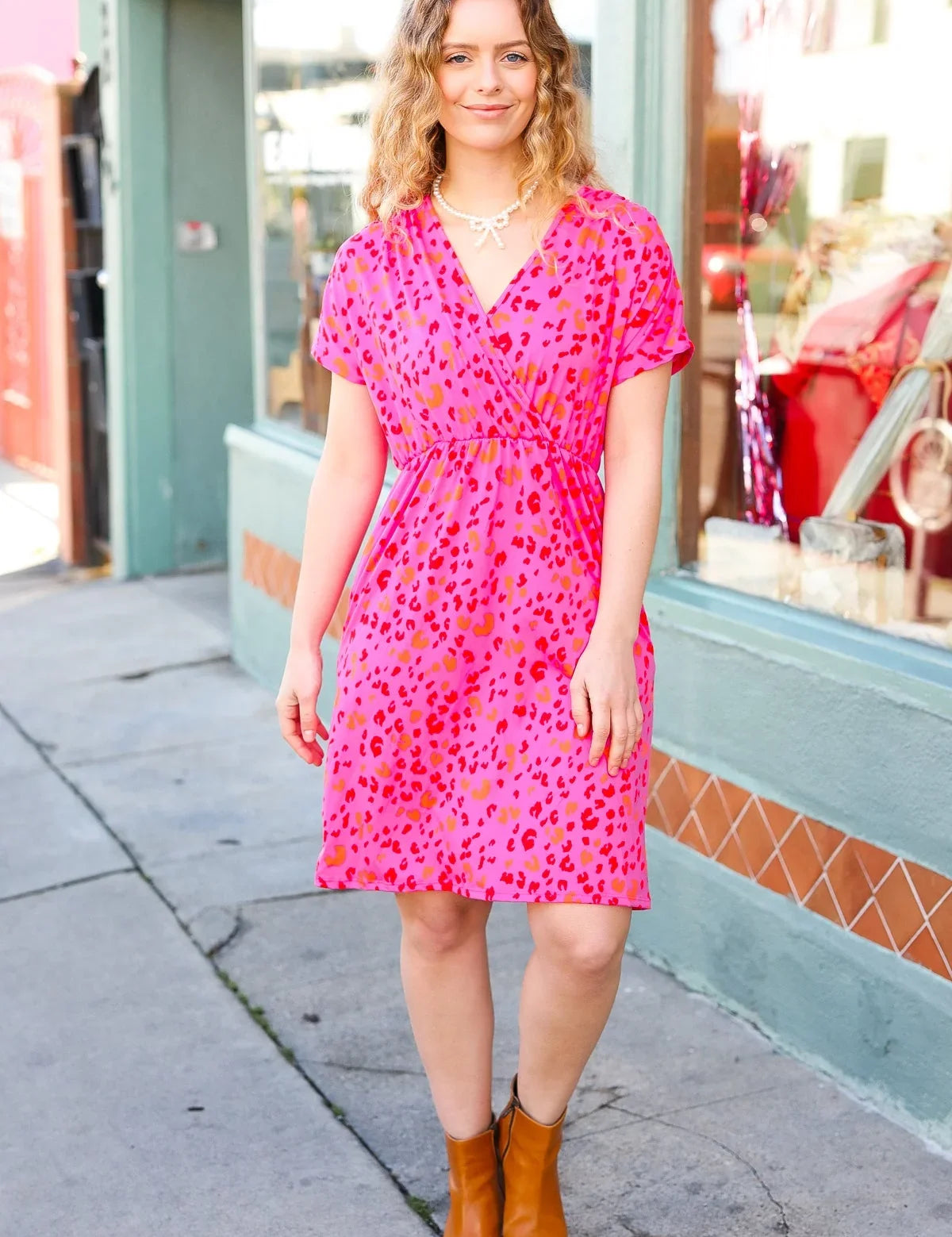 Rose Leopard Surplice V Neck Pocketed Dress | Daverri Fashions