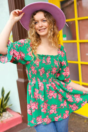 Sumptuous In Smocked Green & Coral Flower Print Babydoll Top | Daverri Fashions