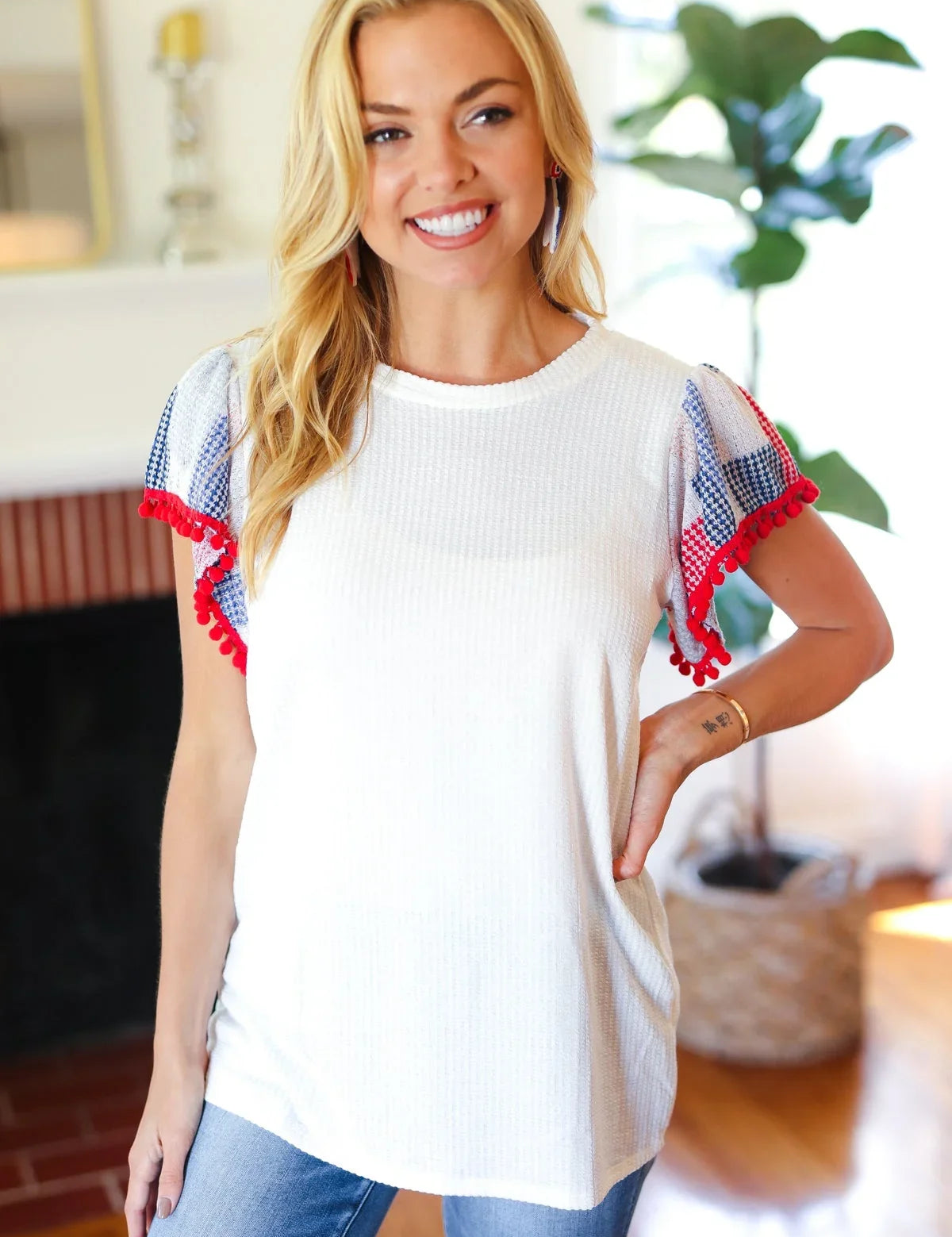 Patriotic Pom Pom Lace Flutter Sleeve Top | 2024 Blow-Out Sale Daverri Fashions