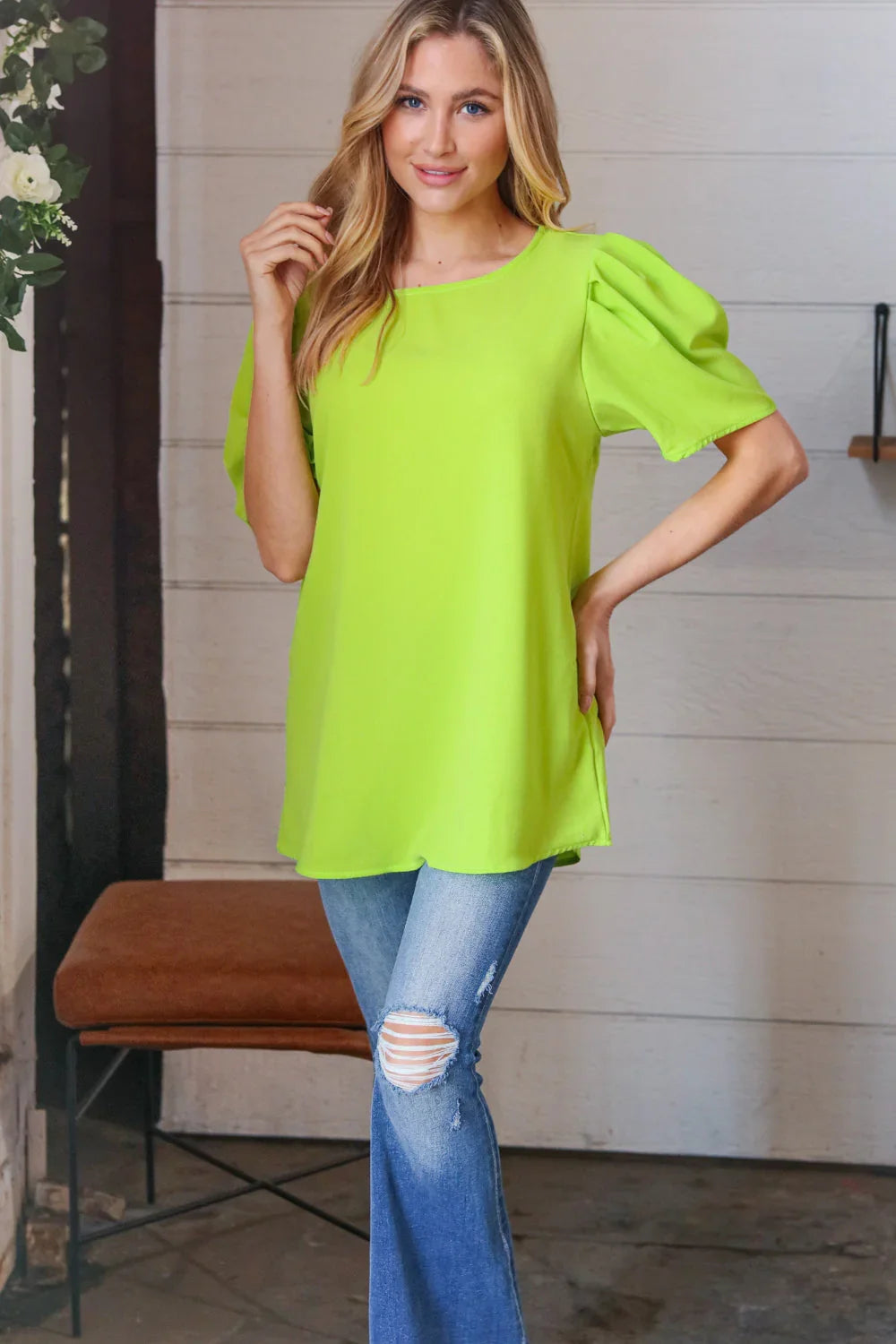 Neon Green Round Neck Puff Sleeve Crepe Top | Daverri Fashions