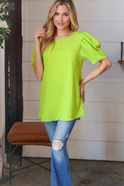 Neon Green Round Neck Puff Sleeve Crepe Top | Daverri Fashions