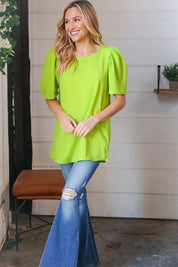 Neon Green Round Neck Puff Sleeve Crepe Top | Daverri Fashions