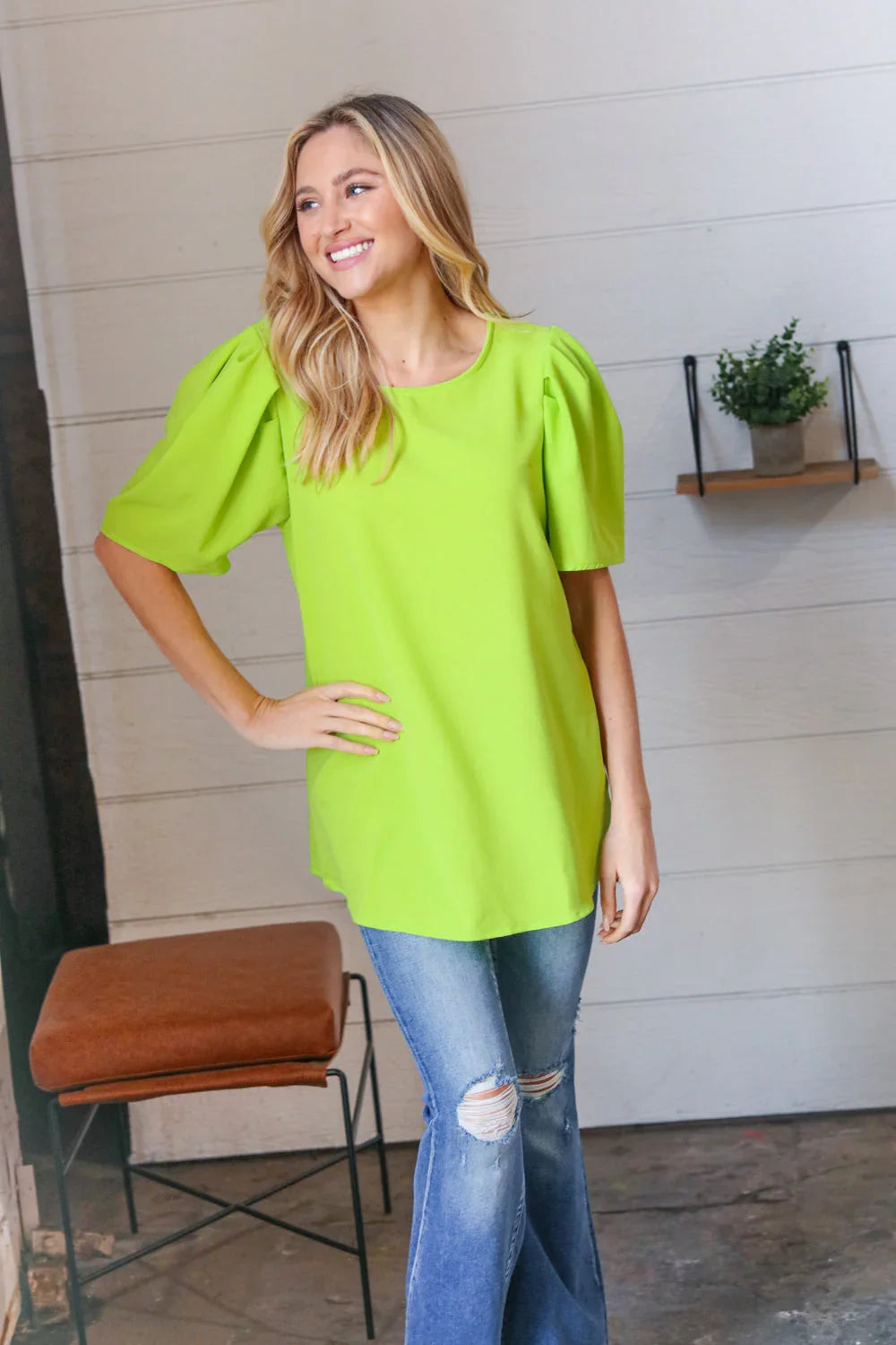 Neon Green Round Neck Puff Sleeve Crepe Top | Daverri Fashions