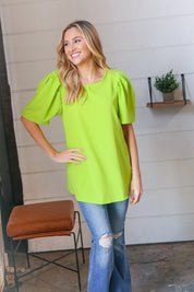 Neon Green Round Neck Puff Sleeve Crepe Top | Daverri Fashions