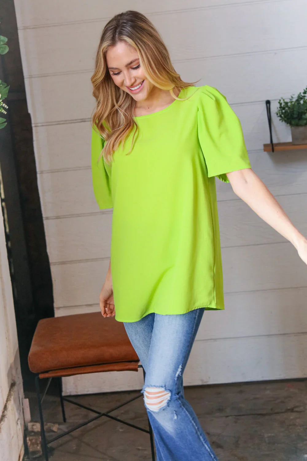 Neon Green Round Neck Puff Sleeve Crepe Top | Daverri Fashions