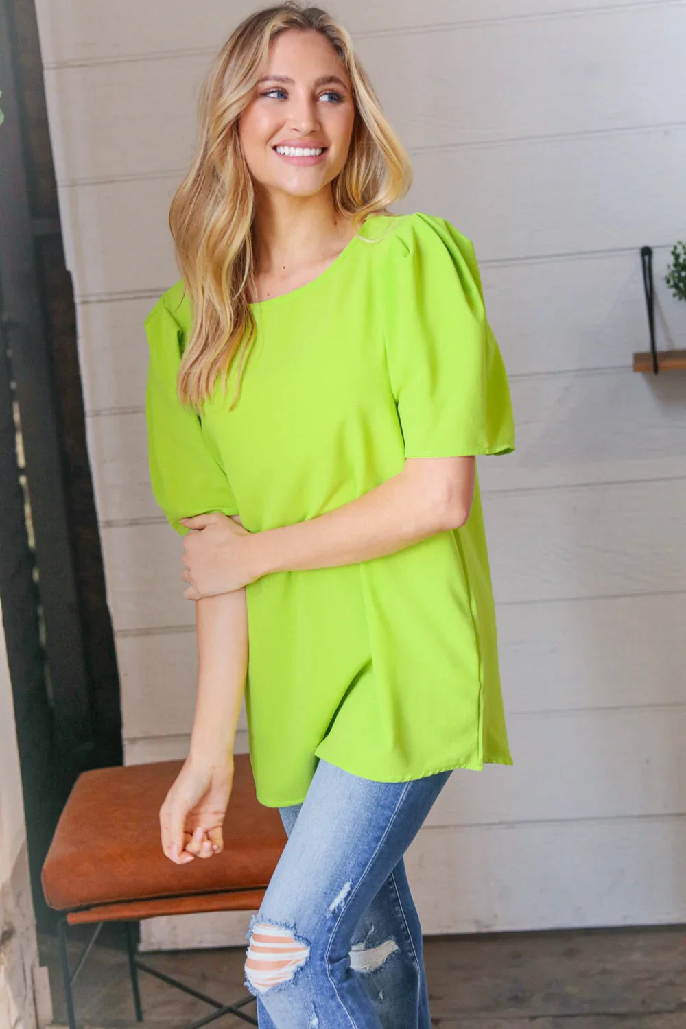Neon Green Round Neck Puff Sleeve Crepe Top | Daverri Fashions