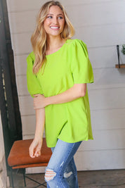 Neon Green Round Neck Puff Sleeve Crepe Top | Daverri Fashions