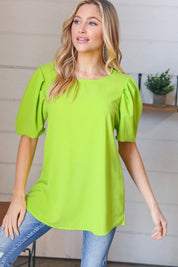 Neon Green Round Neck Puff Sleeve Crepe Top | Daverri Fashions