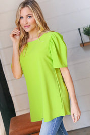 Neon Green Round Neck Puff Sleeve Crepe Top | Daverri Fashions