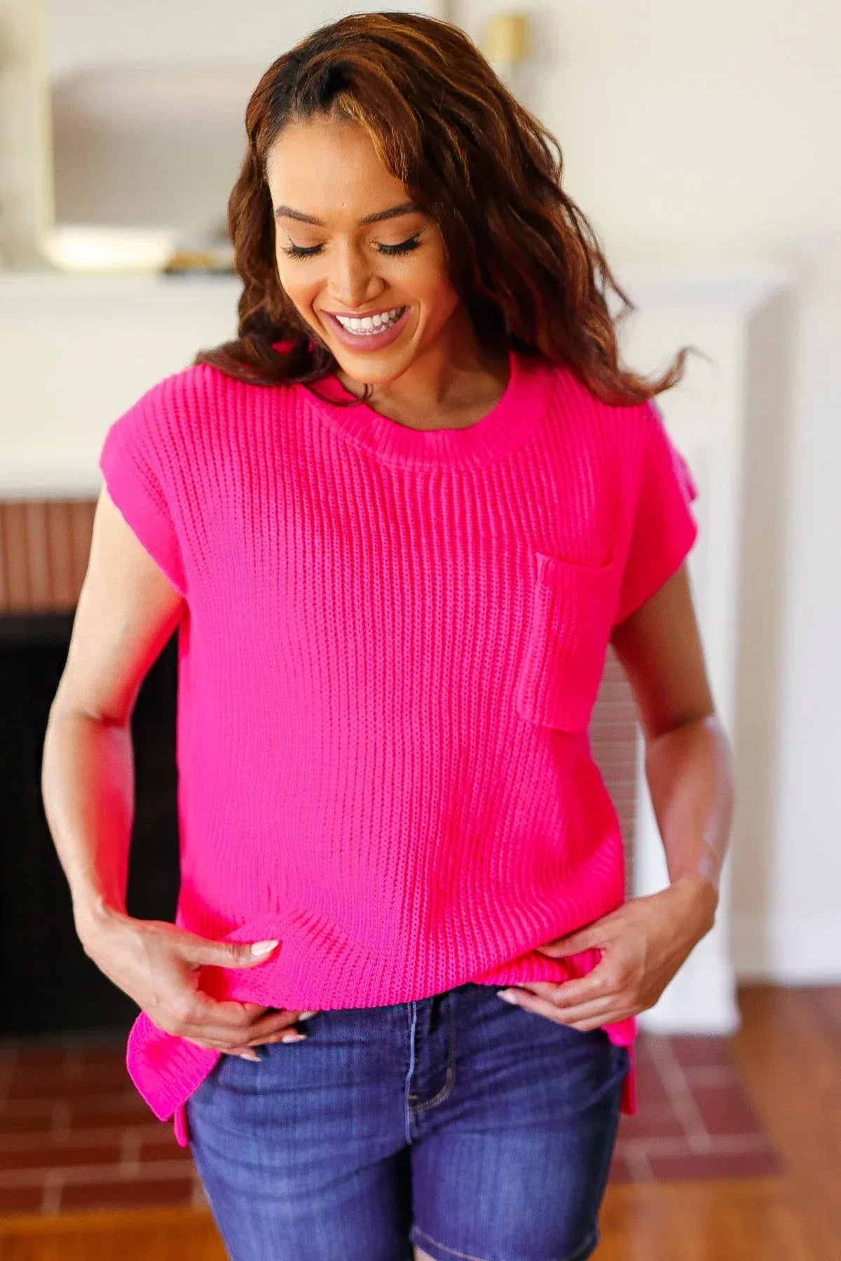 Haptics Hot Pink Dolman Ribbed Knit Sweater Top - DAVERRI FASHIONS