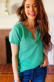 Feel Your Best Green Baby Waffle Henley Neckline Top | Daverri Fashions