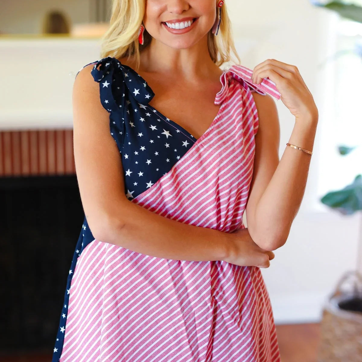 Patriotic Stars & Stripes V-Neck Wrap Top with Star Design