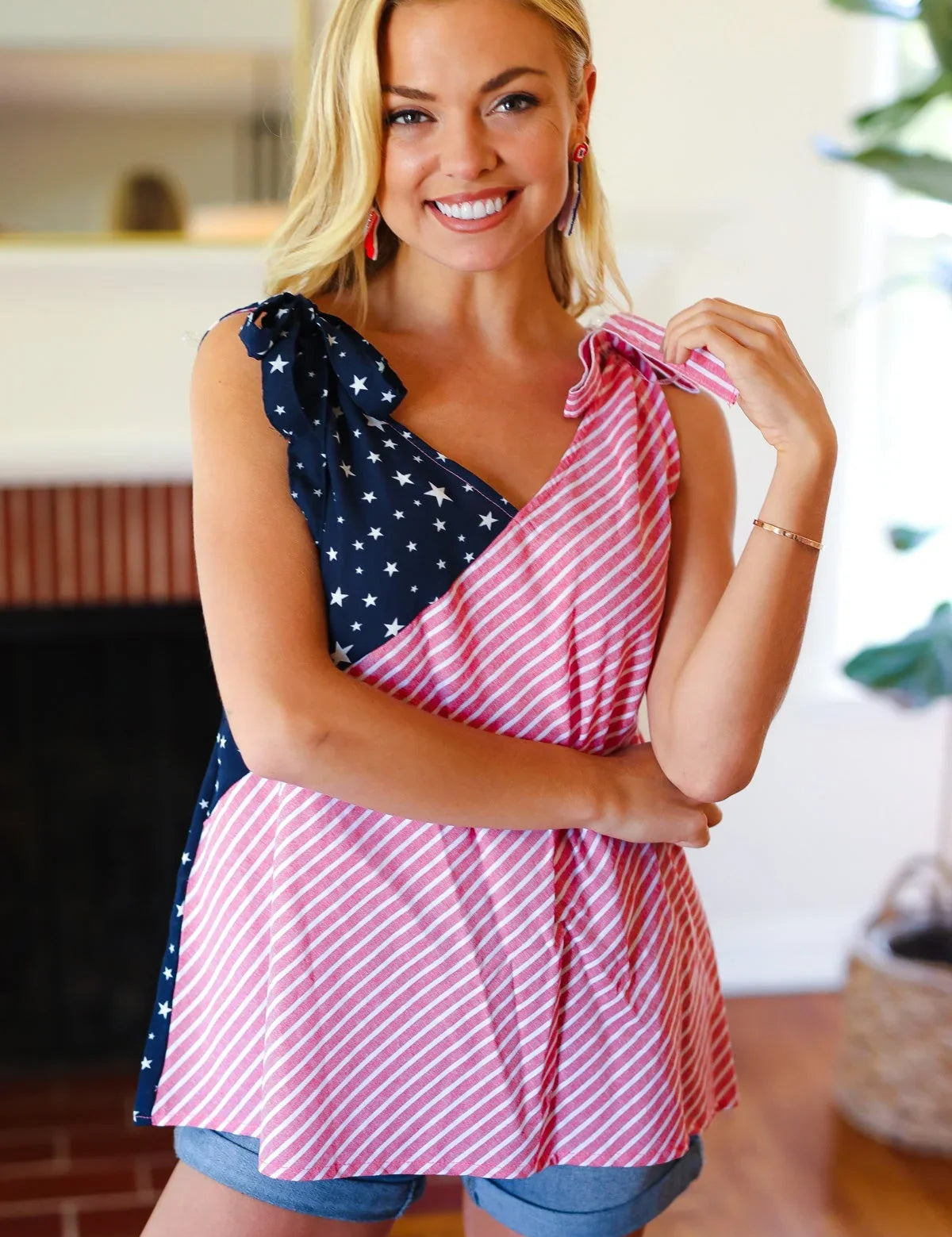 Stars & Stripes V Neck Shoulder Tie Detail Top | Daverri Fashions