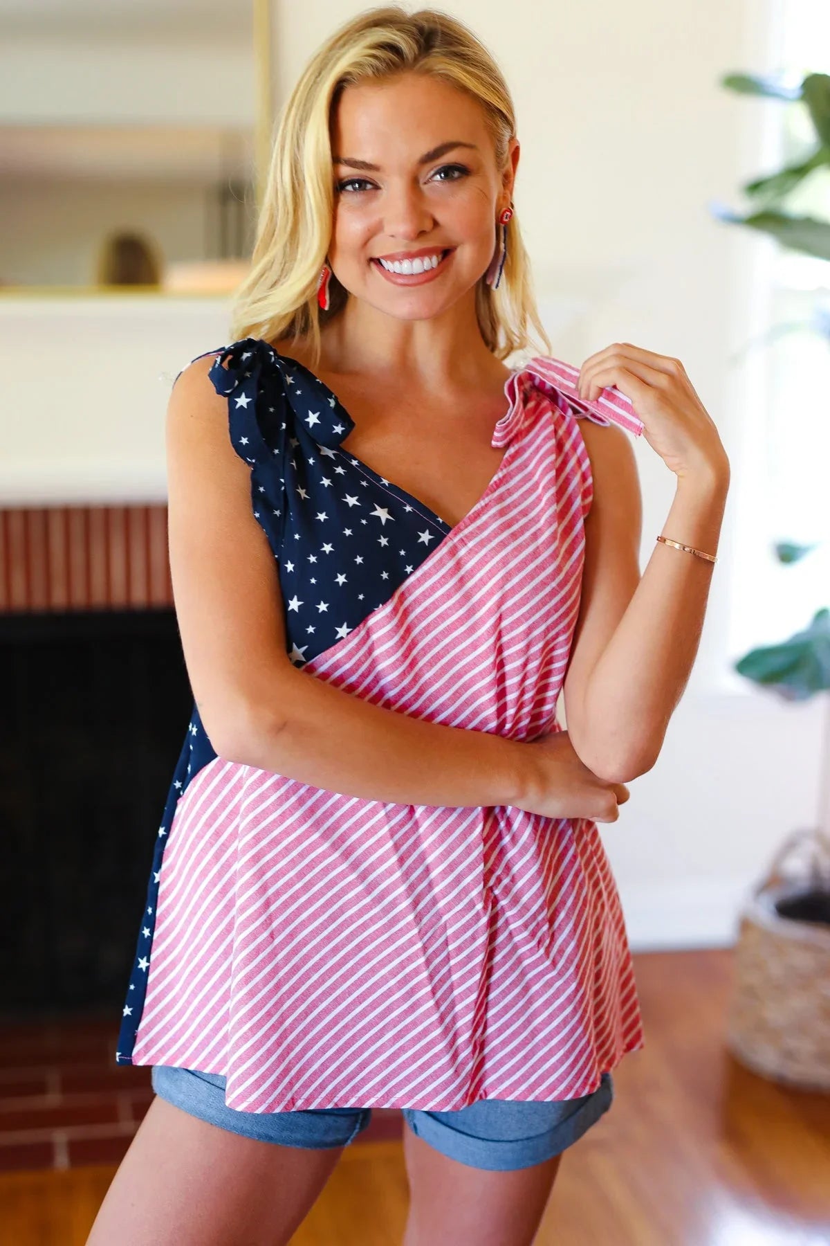 Stars & Stripes V Neck Shoulder Tie Detail Top | Daverri Fashions
