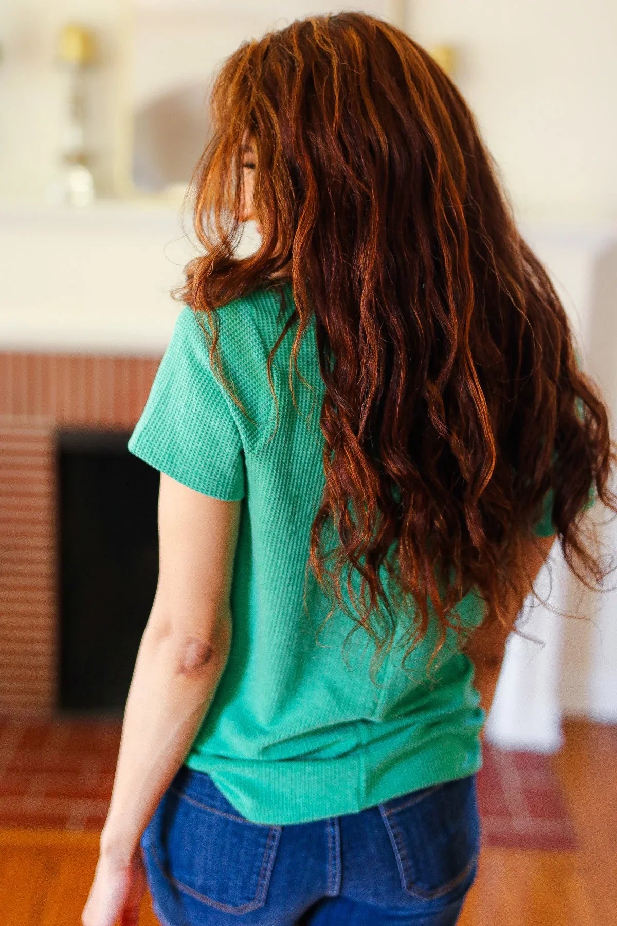 Feel Your Best Green Baby Waffle Henley Neckline Top | Daverri Fashions