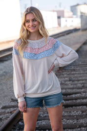Taupe & Sky Blue Thermal Knit Out Seam Stitch Pullover | 2024 Blow-Out Sale Daverri Fashions