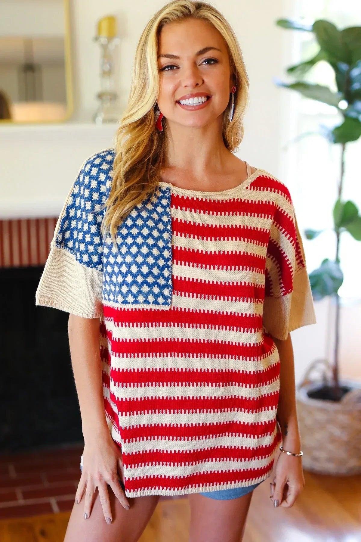 American Flag Jacquard Knit Sweater Top - DAVERRI FASHIONS