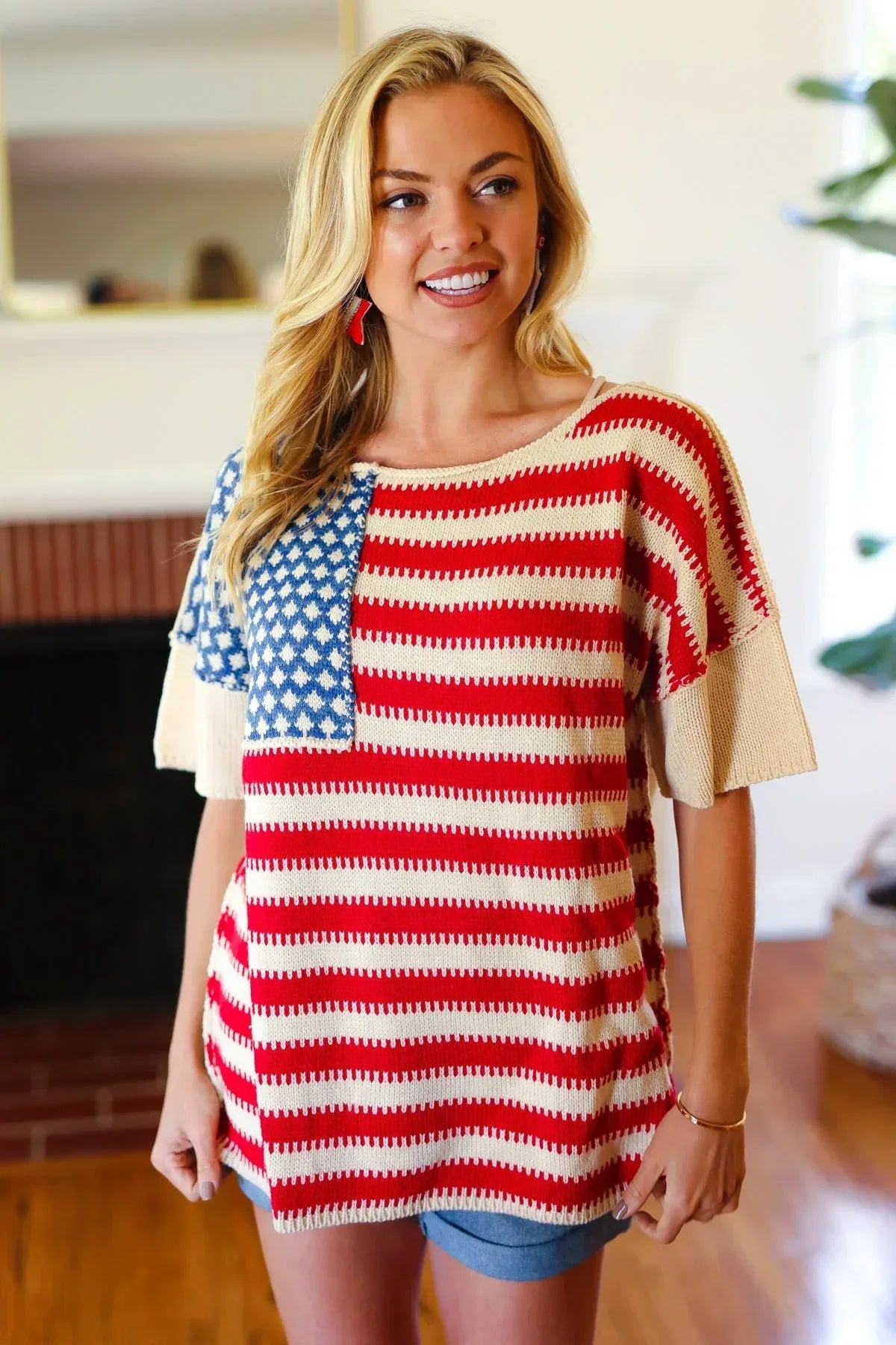 American Flag Jacquard Knit Sweater Top - DAVERRI FASHIONS