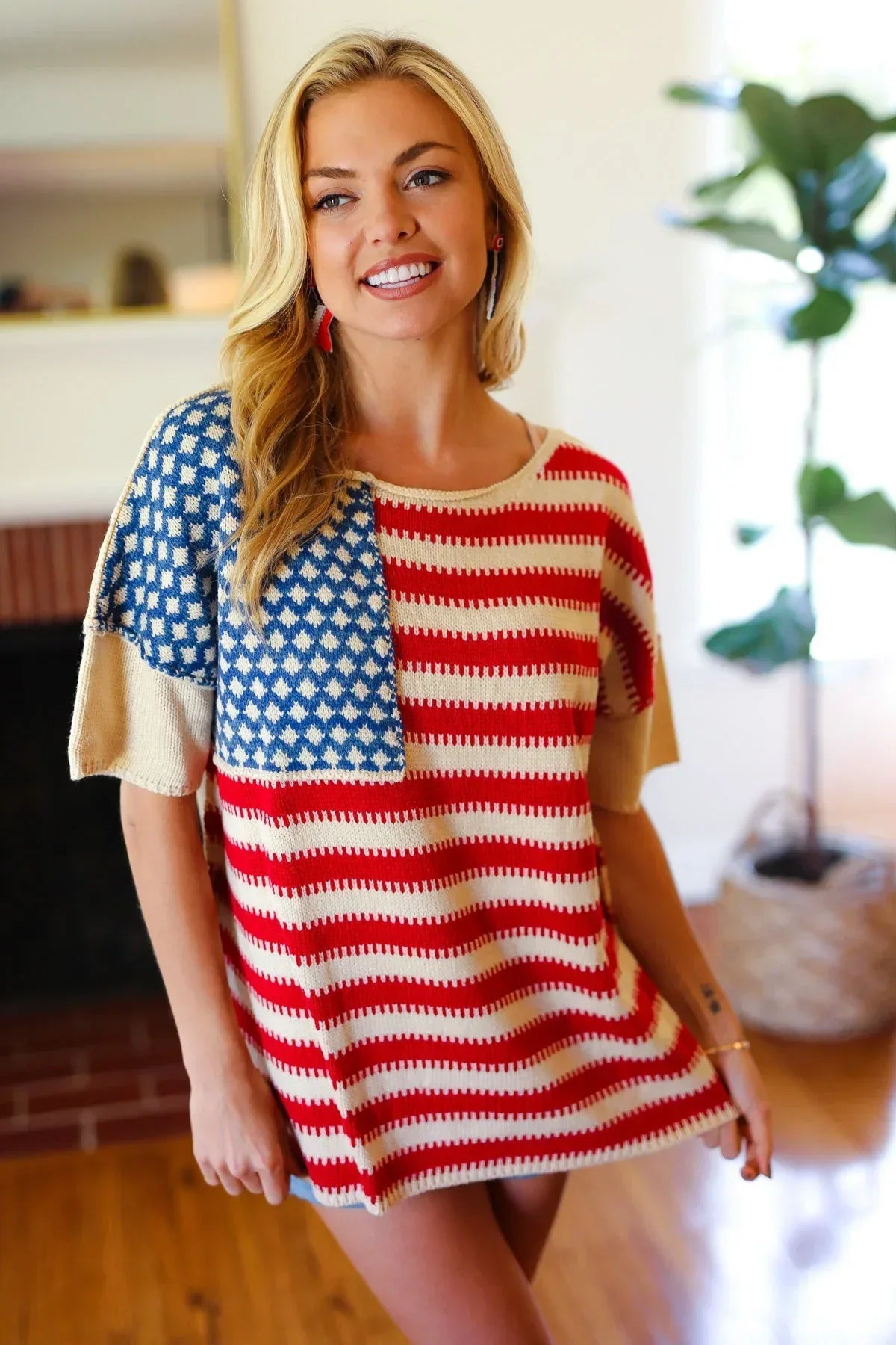 American Flag Jacquard Knit Sweater Top - DAVERRI FASHIONS