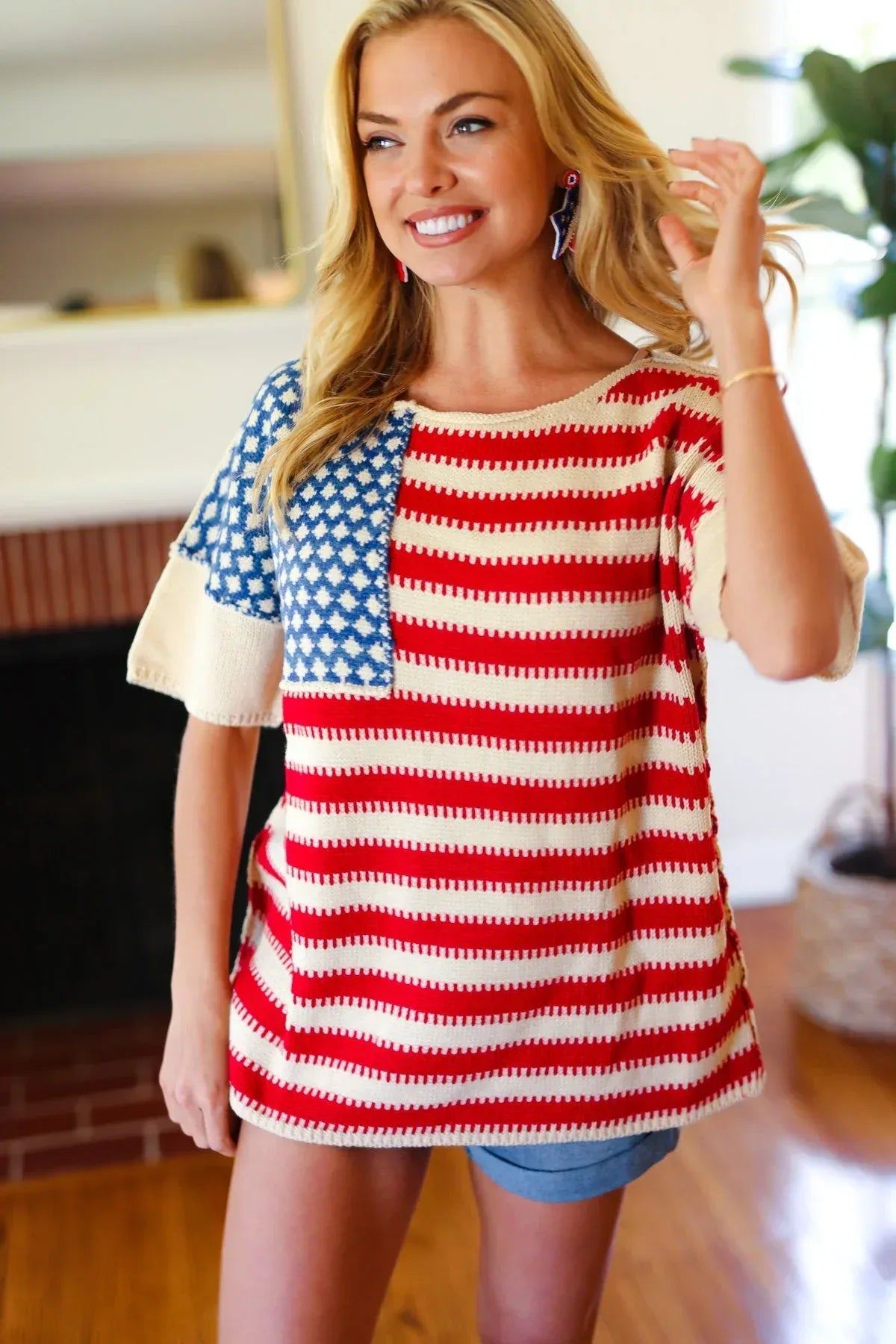 American Flag Jacquard Knit Sweater Top - DAVERRI FASHIONS