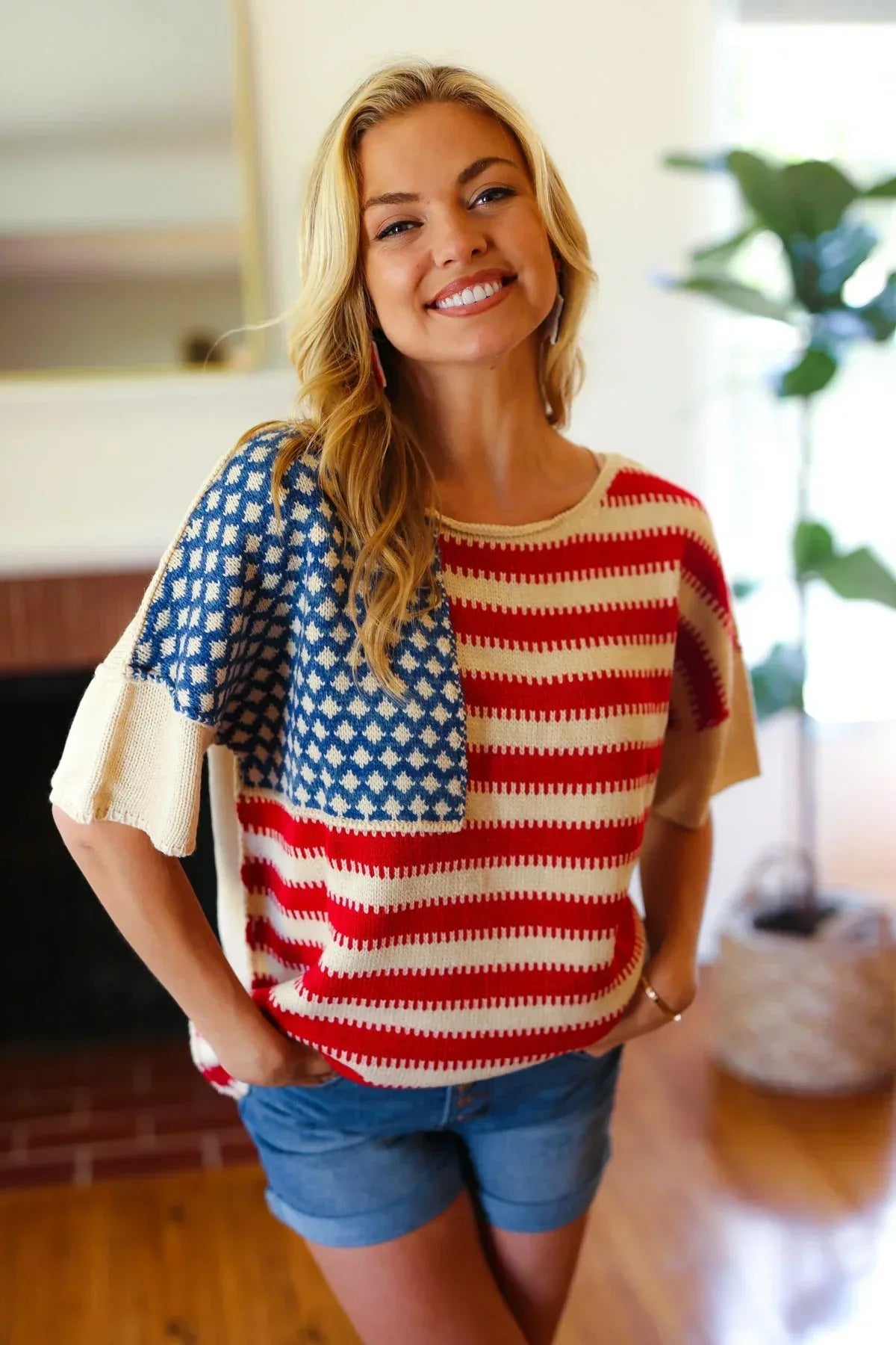 American Flag Jacquard Knit Sweater Top - DAVERRI FASHIONS