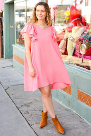 Out For The Day Peach Crinkle Woven Ruffle Sleeve Dress | Daverri Fashions
