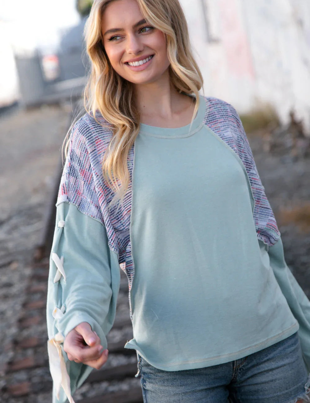 Mint Lace Up Long Sleeve French Terry Oversized Pullover | Daverri Fashions