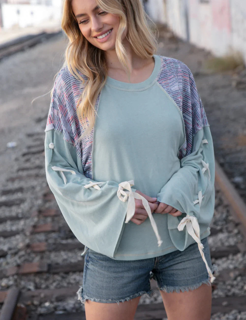 Mint Lace Up Long Sleeve French Terry Oversized Pullover | Daverri Fashions